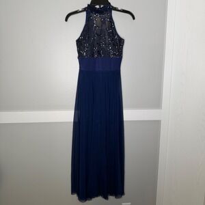 Speechless Kelle Walk Thru Romper Teen Size M Blue Sequin Lace Halter Maxi Dance